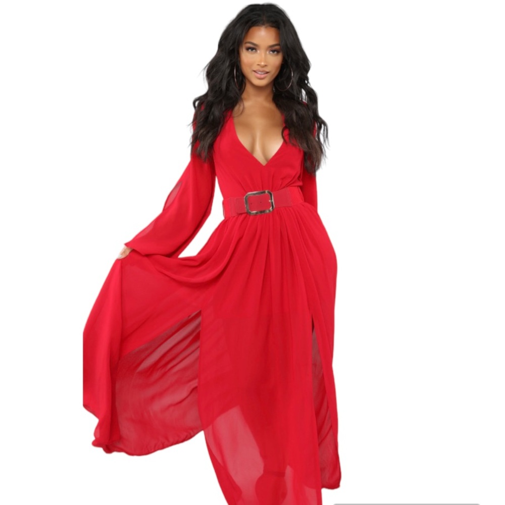 Beautiful Fashion Nova Chiffon Maxi Dress With Gold Accent Belt Size XL